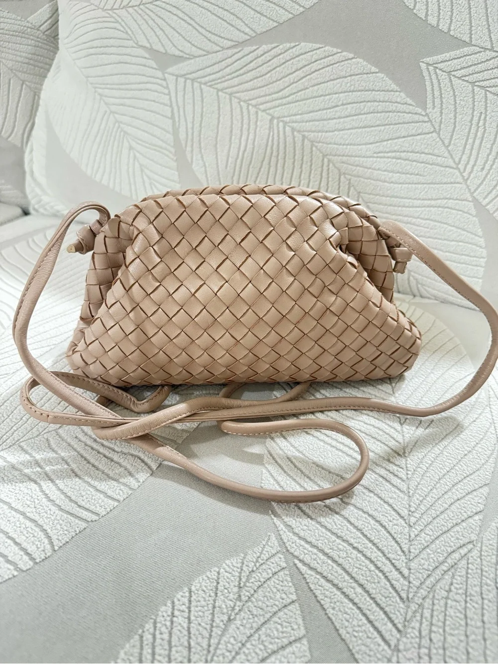 Quince Woven Leather Clutch in Taupe Beige